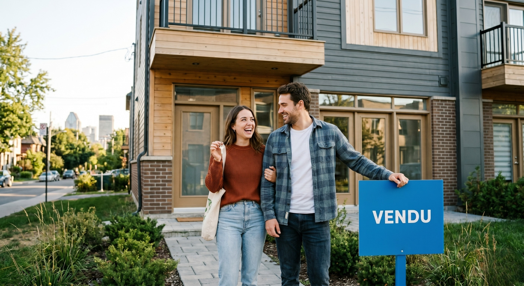 Couple heureux devant leur nouvelle maison au Québec